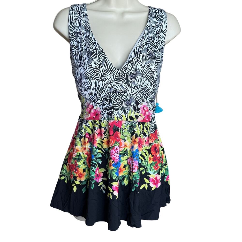 Johnny Was Zebra Tropical Rose Skirted One Piece Swim Suit Dress 2X NWOT